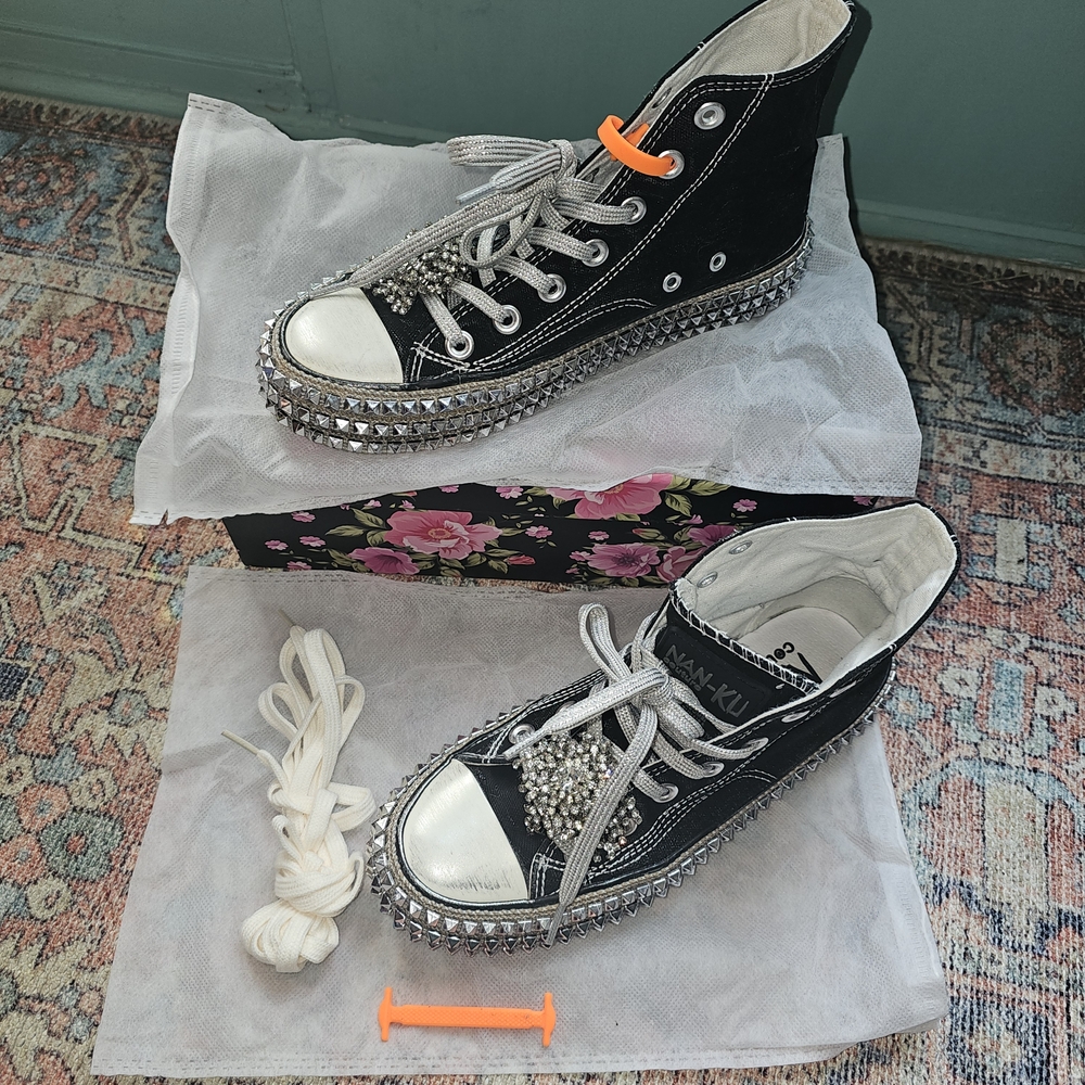 Free People Black High-Top Studded Sneakers with Crystal Pom Accents - Picture 4 of 4